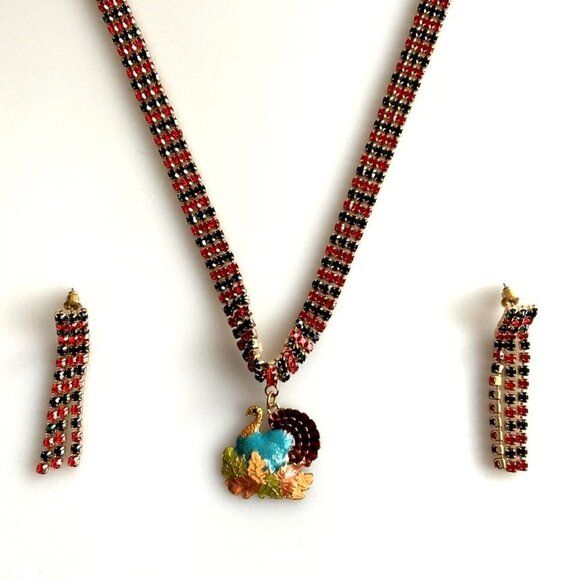 NEW TURKEY FALL LEAVES  RHINESTONE NECKLACE & EARRINGS SET - Picture 1 of 7